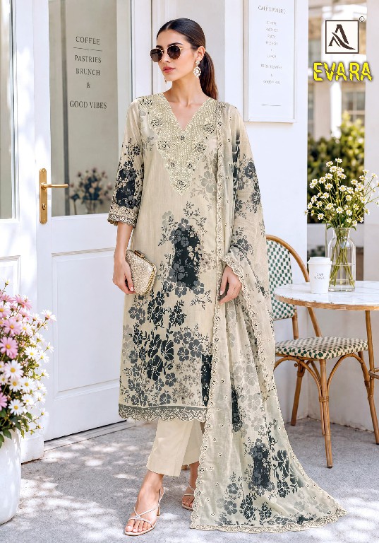 ALOK SUIT EVARA WHOLESALE VISCOSE MUSLIN FANCY EMBROIDERED UNSTITCH SALWAR SUITS SUPPLIER