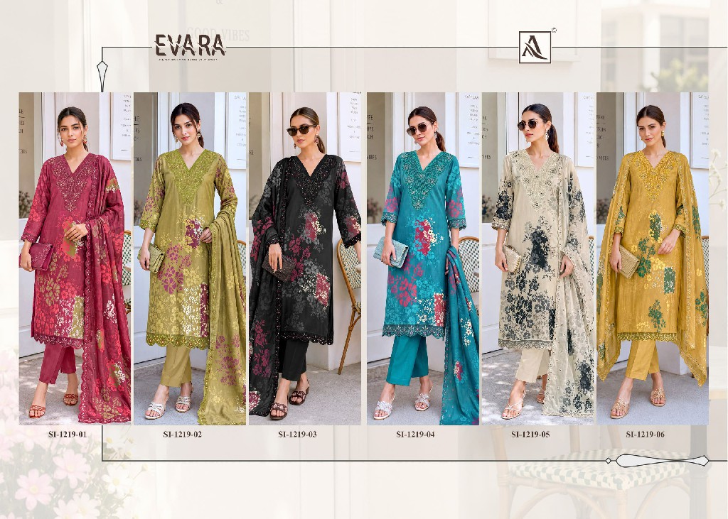 ALOK SUIT EVARA WHOLESALE VISCOSE MUSLIN FANCY EMBROIDERED UNSTITCH SALWAR SUITS SUPPLIER