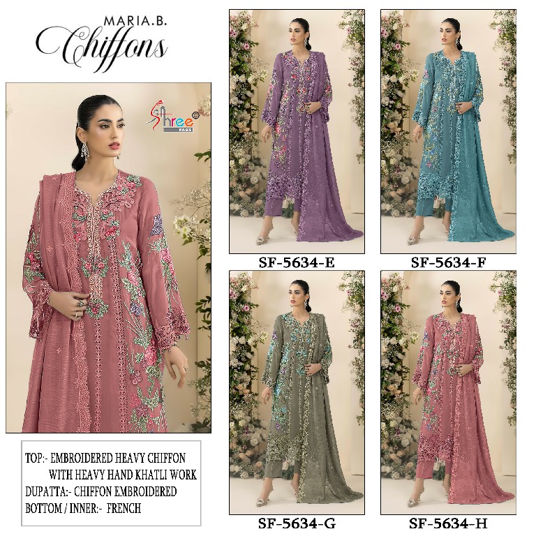 SHREE FABS D.NO 5634E TO 5634H WHOLESALE CHIFFON PAKISTANI POPULAR DESIGN UNSTITCH SALWAR SUITS SUPPLIER