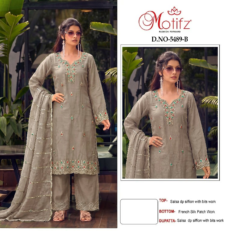 MOTIFZ D.NO 5489 WHOLESALE SALSA CHIFFON WITH BEATS WORK PAKISTANI UNSTITCH SALWAR SUITS EXPORTER