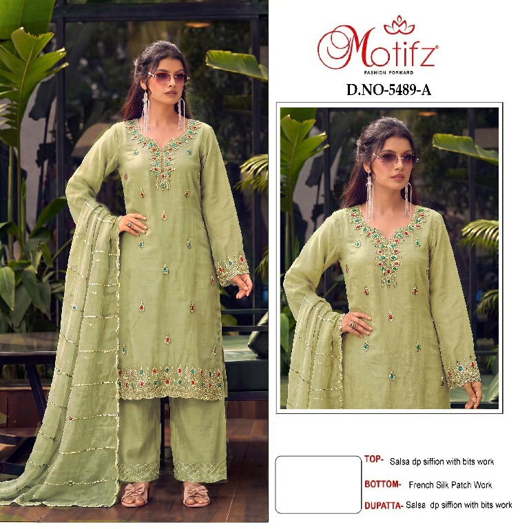 MOTIFZ D.NO 5489 WHOLESALE SALSA CHIFFON WITH BEATS WORK PAKISTANI UNSTITCH SALWAR SUITS EXPORTER