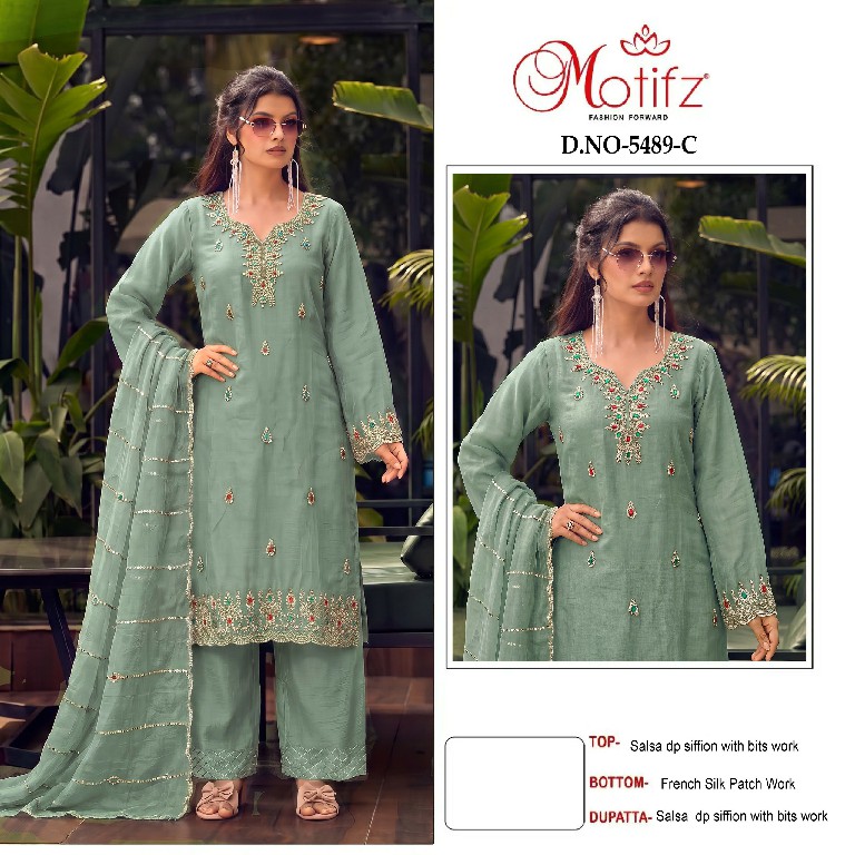 MOTIFZ D.NO 5489 WHOLESALE SALSA CHIFFON WITH BEATS WORK PAKISTANI UNSTITCH SALWAR SUITS EXPORTER