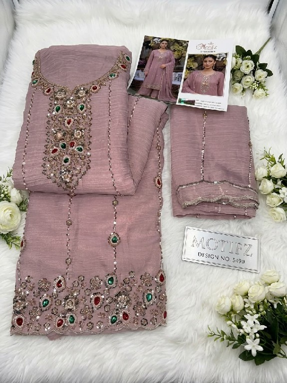 MOTIFZ D.NO 5489 WHOLESALE SALSA CHIFFON WITH BEATS WORK PAKISTANI UNSTITCH SALWAR SUITS EXPORTER