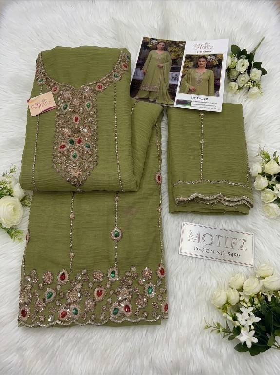 MOTIFZ D.NO 5489 WHOLESALE SALSA CHIFFON WITH BEATS WORK PAKISTANI UNSTITCH SALWAR SUITS EXPORTER