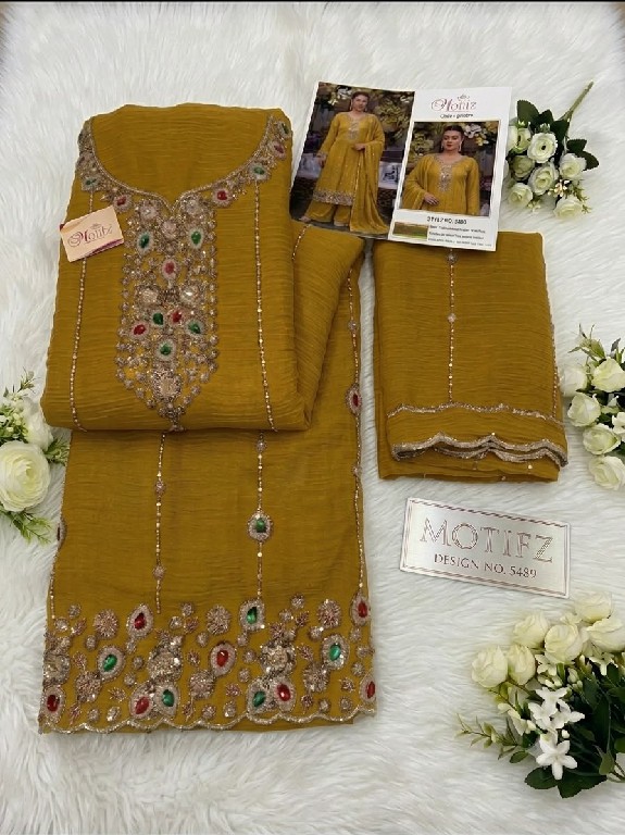 MOTIFZ D.NO 5489 WHOLESALE SALSA CHIFFON WITH BEATS WORK PAKISTANI UNSTITCH SALWAR SUITS EXPORTER