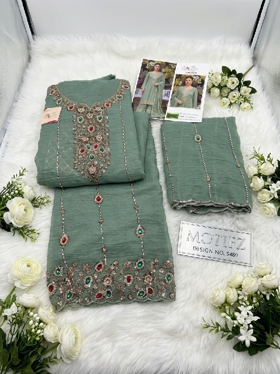 MOTIFZ D.NO 5489 WHOLESALE SALSA CHIFFON WITH BEATS WORK PAKISTANI UNSTITCH SALWAR SUITS EXPORTER