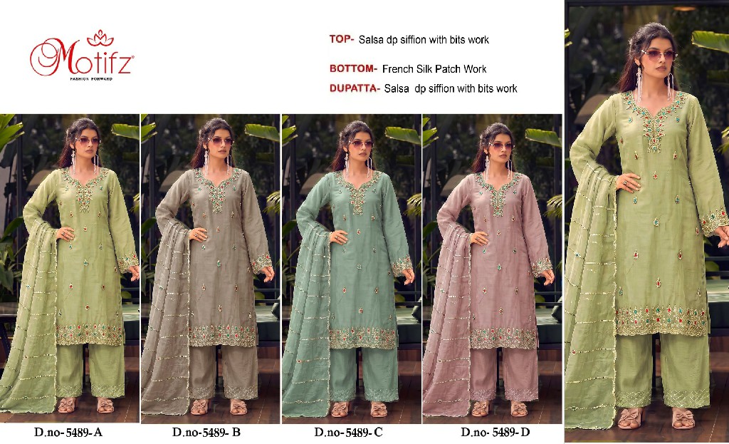 MOTIFZ D.NO 5489 WHOLESALE SALSA CHIFFON WITH BEATS WORK PAKISTANI UNSTITCH SALWAR SUITS EXPORTER