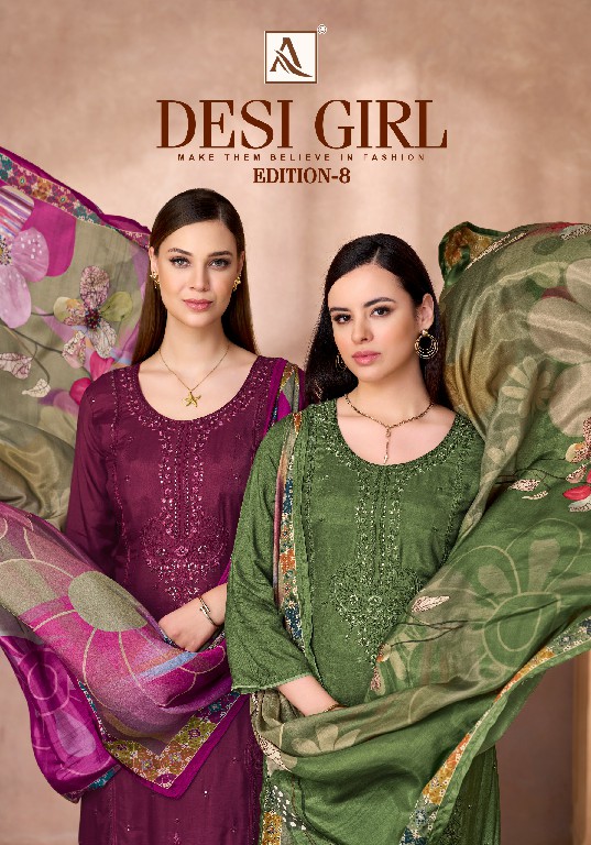 ALOK SUIT DESI GIRL VOL 8 WHOLESALE VISCOSE RAYON DESIGNER WORK UNSTITCH SALWAR SUITS EXPORTER