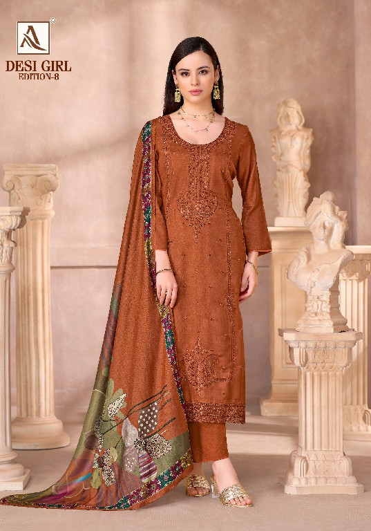 ALOK SUIT DESI GIRL VOL 8 WHOLESALE VISCOSE RAYON DESIGNER WORK UNSTITCH SALWAR SUITS EXPORTER