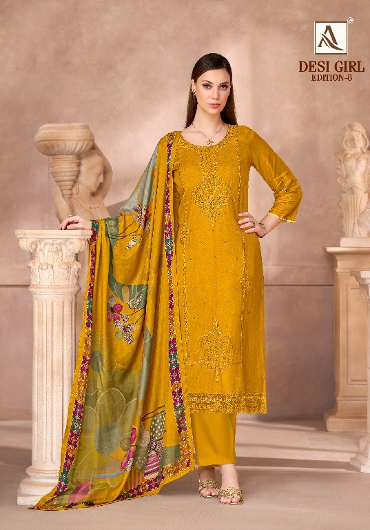 ALOK SUIT DESI GIRL VOL 8 WHOLESALE VISCOSE RAYON DESIGNER WORK UNSTITCH SALWAR SUITS EXPORTER