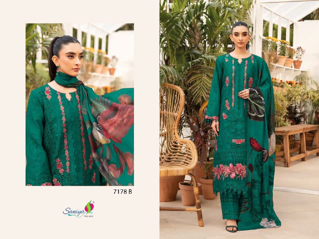 SANIYA TRENDZ D.NO 7178 WHOLESALE COTTON CHIKANKARI EMBROIDERED UNSTITCH SALWAR SUITS FOR EXPORT