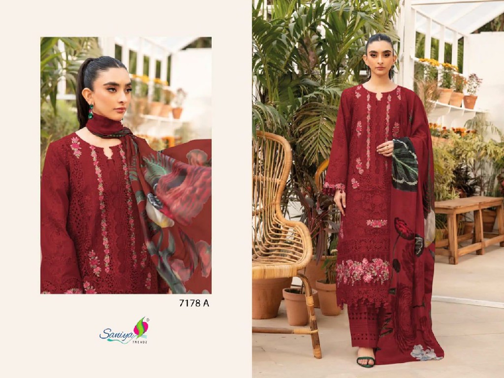 SANIYA TRENDZ D.NO 7178 WHOLESALE COTTON CHIKANKARI EMBROIDERED UNSTITCH SALWAR SUITS FOR EXPORT