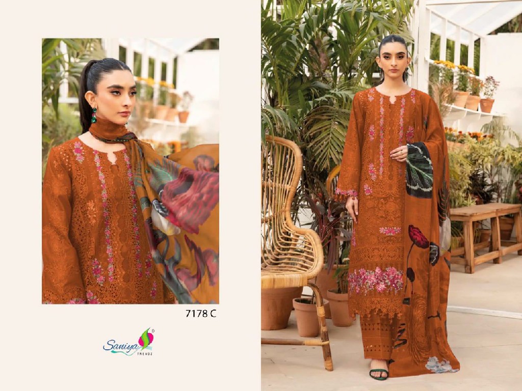 SANIYA TRENDZ D.NO 7178 WHOLESALE COTTON CHIKANKARI EMBROIDERED UNSTITCH SALWAR SUITS FOR EXPORT