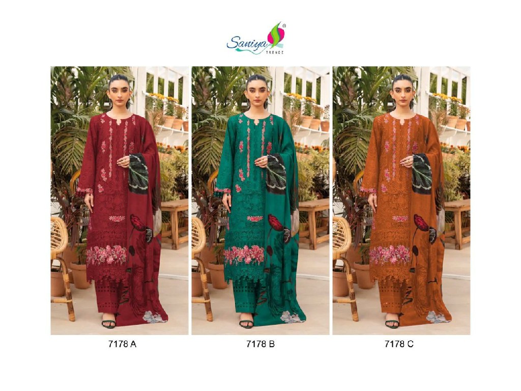 SANIYA TRENDZ D.NO 7178 WHOLESALE COTTON CHIKANKARI EMBROIDERED UNSTITCH SALWAR SUITS FOR EXPORT