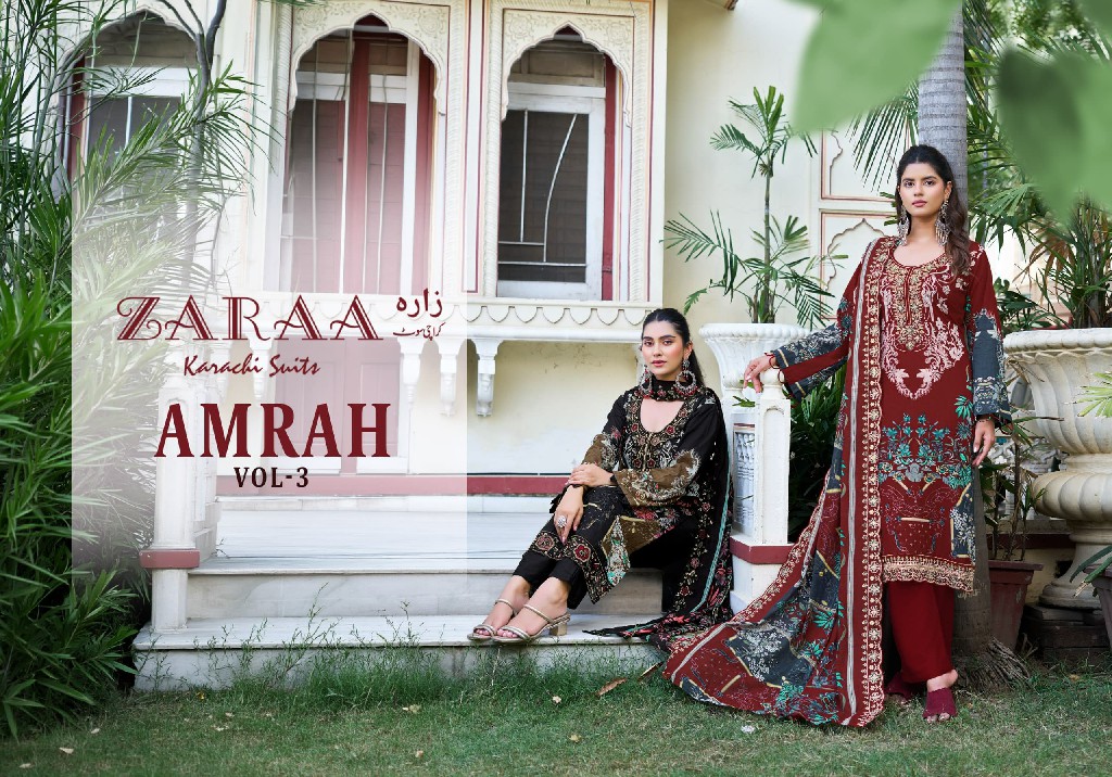 ZARAA AMRAH VOL 3 WHOLESALE PURE COTTON WITH WORK AMAZING UNSTITCH SALWAR SUITS SUPPLIER