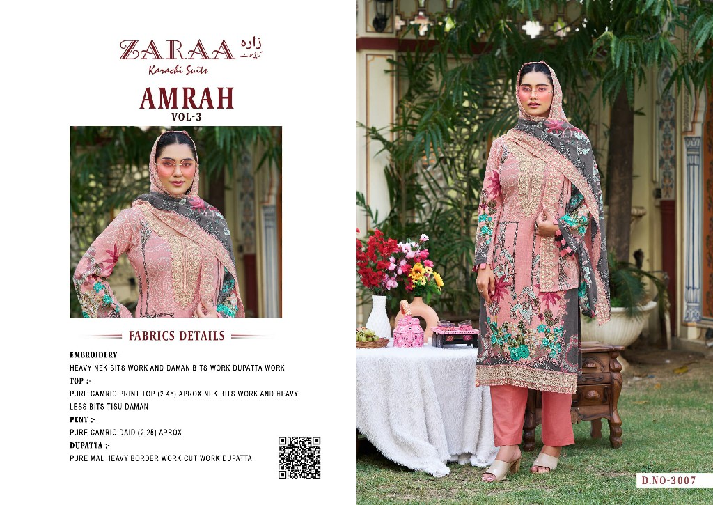 ZARAA AMRAH VOL 3 WHOLESALE PURE COTTON WITH WORK AMAZING UNSTITCH SALWAR SUITS SUPPLIER