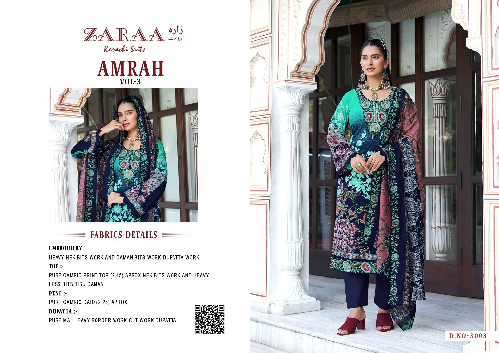 ZARAA AMRAH VOL 3 WHOLESALE PURE COTTON WITH WORK AMAZING UNSTITCH SALWAR SUITS SUPPLIER