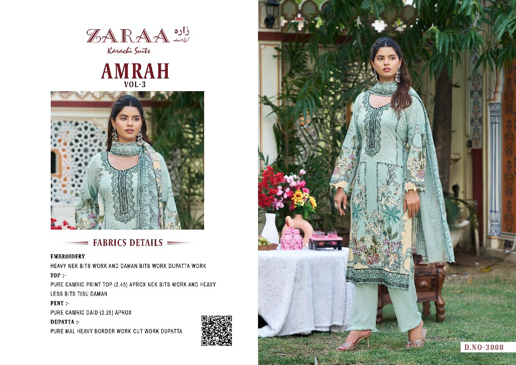 ZARAA AMRAH VOL 3 WHOLESALE PURE COTTON WITH WORK AMAZING UNSTITCH SALWAR SUITS SUPPLIER