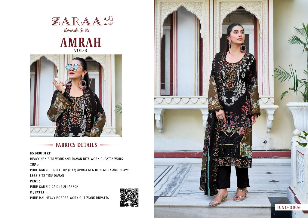 ZARAA AMRAH VOL 3 WHOLESALE PURE COTTON WITH WORK AMAZING UNSTITCH SALWAR SUITS SUPPLIER