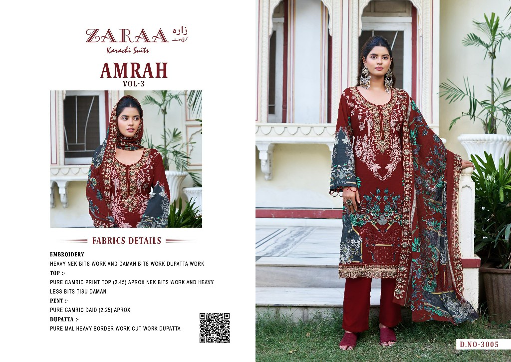 ZARAA AMRAH VOL 3 WHOLESALE PURE COTTON WITH WORK AMAZING UNSTITCH SALWAR SUITS SUPPLIER