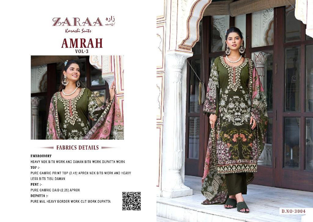 ZARAA AMRAH VOL 3 WHOLESALE PURE COTTON WITH WORK AMAZING UNSTITCH SALWAR SUITS SUPPLIER