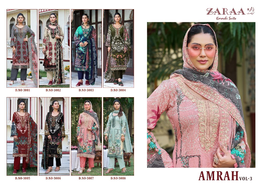 ZARAA AMRAH VOL 3 WHOLESALE PURE COTTON WITH WORK AMAZING UNSTITCH SALWAR SUITS SUPPLIER