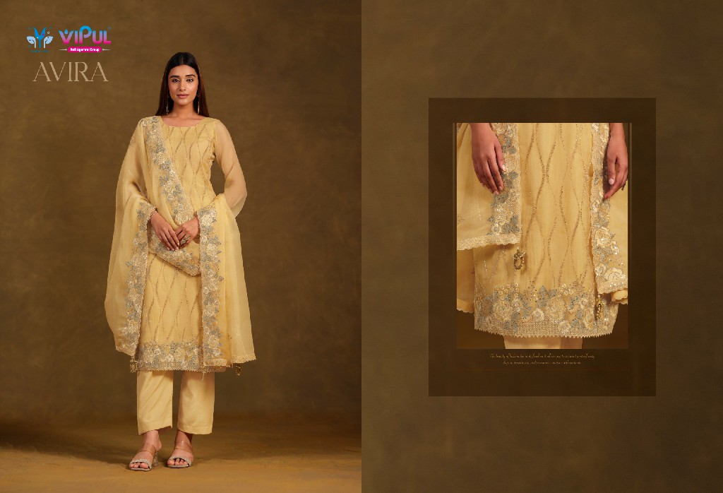 VIPUL AVIRA WHOLESALE GOLD CRINKLE CHIFFON BEAUTIFUL WORK UNSTITCH SALWAR SUITS FOR EXPORT