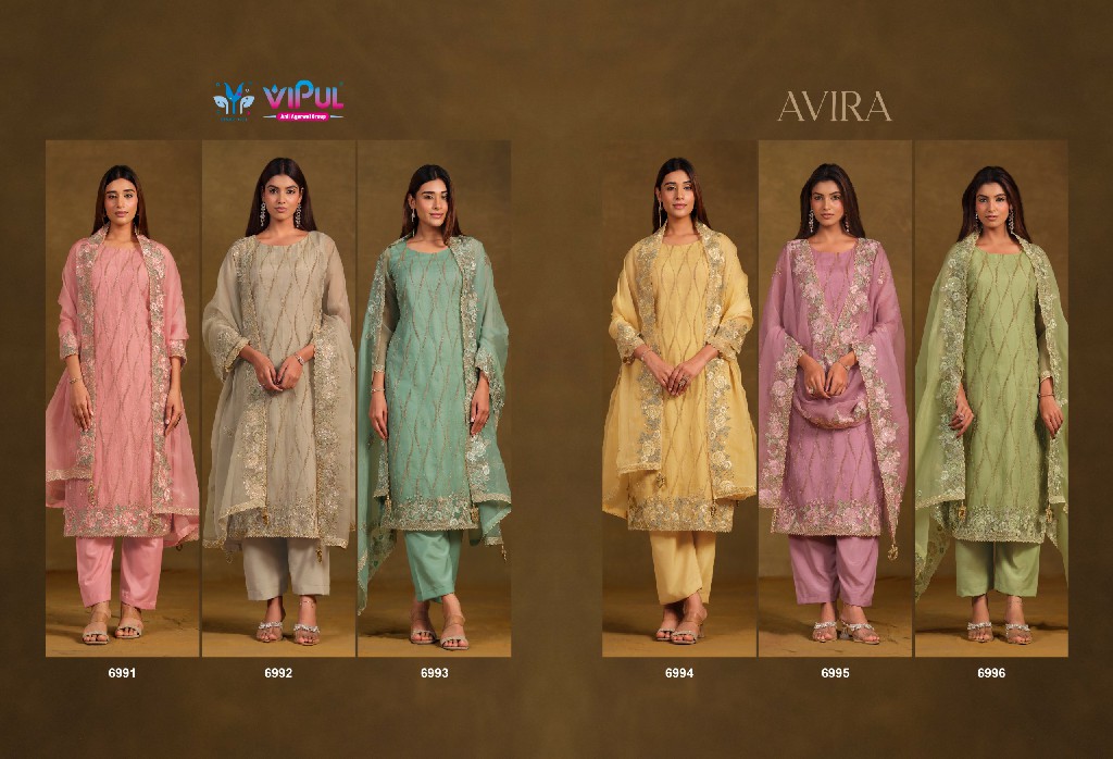 VIPUL AVIRA WHOLESALE GOLD CRINKLE CHIFFON BEAUTIFUL WORK UNSTITCH SALWAR SUITS FOR EXPORT
