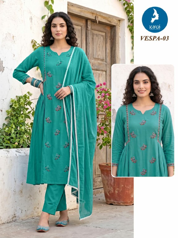 KAYA VESPA WHOLESALE READYMADE MULL CHANDERI BIG SIZE ANARKALI CONCEPT 3 PCS COMBO SET SUITS FOR EXPORT
