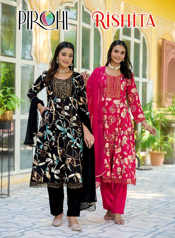 PIROHI RISHITA WHOLESALE READYMADE HEAVY RAYON WITH WORK AMARKALI 3 PCS COMBO SET SUITS EXPORTER