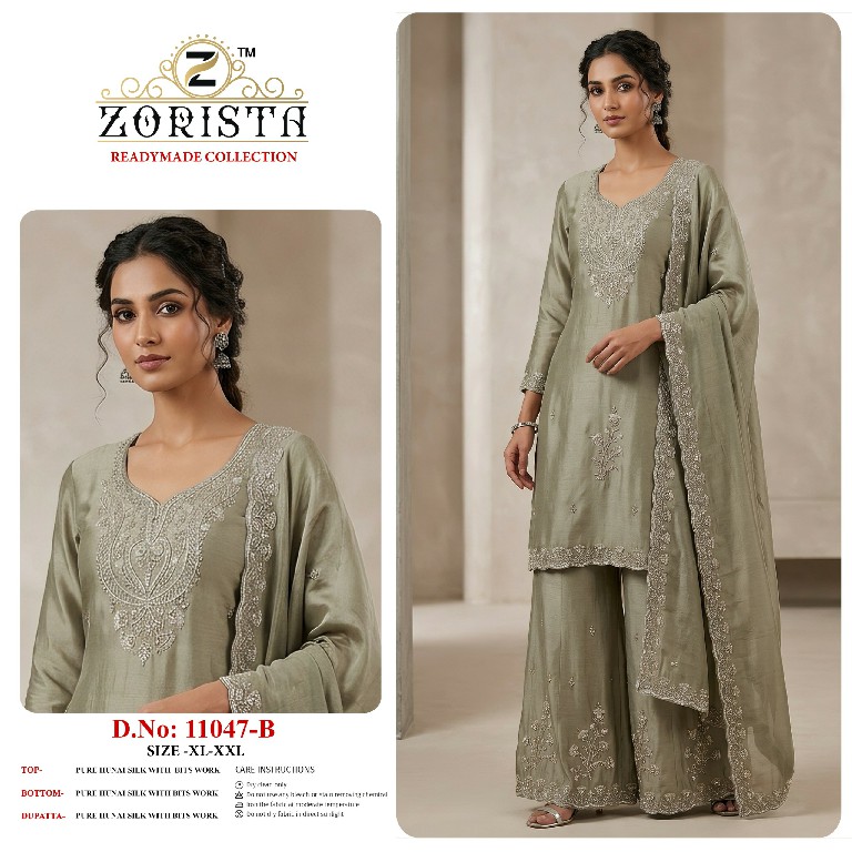 ZORISTA D.NO 11047 WHOLESALE READYMADE PREMIUM HUNAI SILK WITH BEATS WORK 3 PCS SUITS SUPPLIER