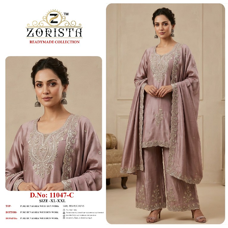 ZORISTA D.NO 11047 WHOLESALE READYMADE PREMIUM HUNAI SILK WITH BEATS WORK 3 PCS SUITS SUPPLIER