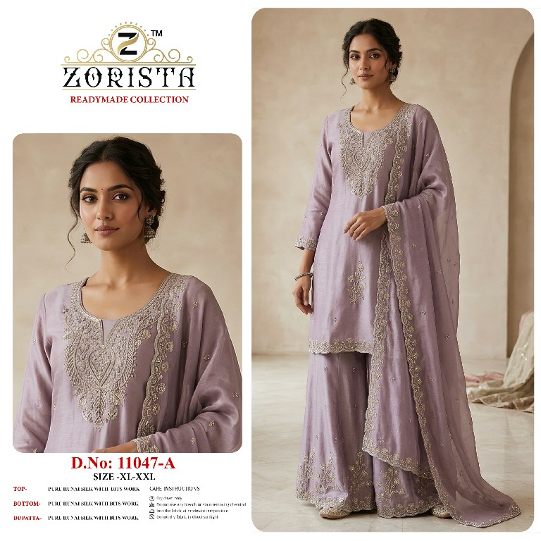 ZORISTA D.NO 11047 WHOLESALE READYMADE PREMIUM HUNAI SILK WITH BEATS WORK 3 PCS SUITS SUPPLIER