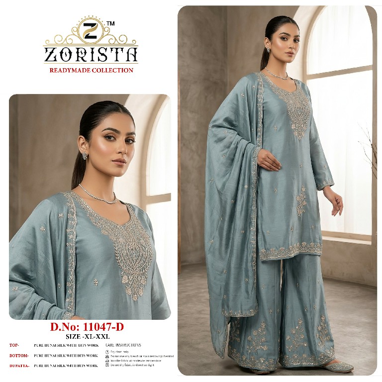 ZORISTA D.NO 11047 WHOLESALE READYMADE PREMIUM HUNAI SILK WITH BEATS WORK 3 PCS SUITS SUPPLIER