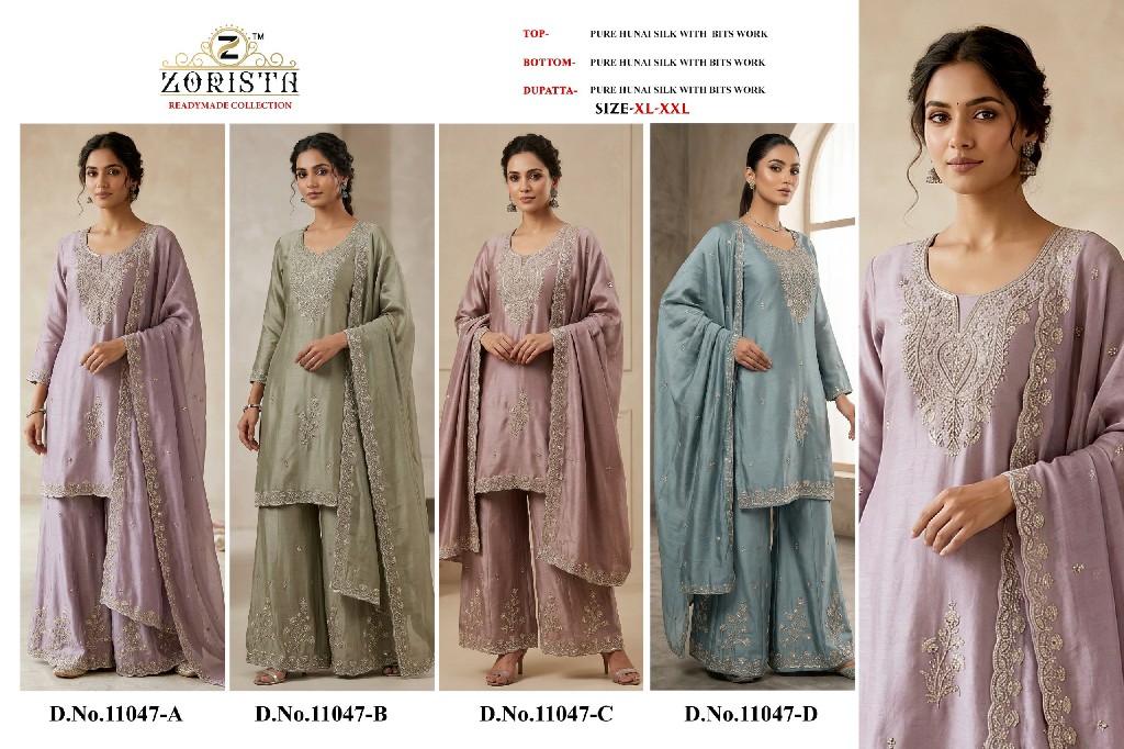 ZORISTA D.NO 11047 WHOLESALE READYMADE PREMIUM HUNAI SILK WITH BEATS WORK 3 PCS SUITS SUPPLIER