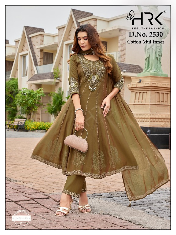 HRK D.NO 2530 WHOLESALE READYMADE MUL CHANDERI ANARKALI STYLE 3 PCS COMBO SET SUITS SUPPLIER