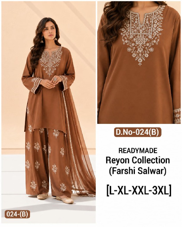 TEXTILEDEAL D.NO 24 WHOLESALE READYMADE RAYON BEAUTIFUL PAKISTANI FARSHI SALWAR STYLE 3 PCS SUITS EXPORTER