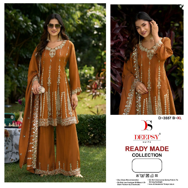 DEEPSY D.NO 3557 WHOLESALE READYMADE VISCOSE TISSUE SILK HEAVY BEATS WORK 3 PCS PLAZZO SUITS EXPORTER