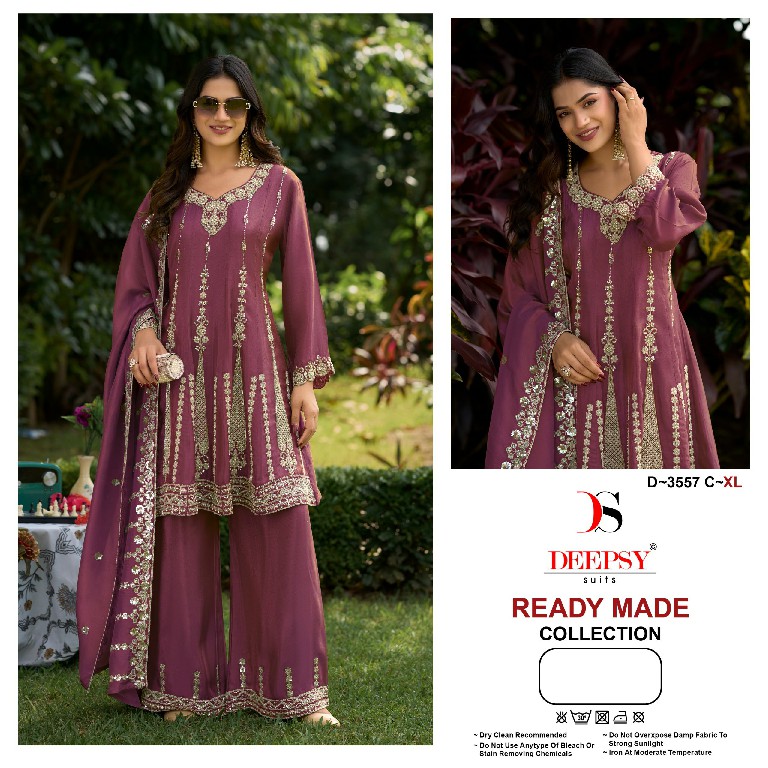 DEEPSY D.NO 3557 WHOLESALE READYMADE VISCOSE TISSUE SILK HEAVY BEATS WORK 3 PCS PLAZZO SUITS EXPORTER