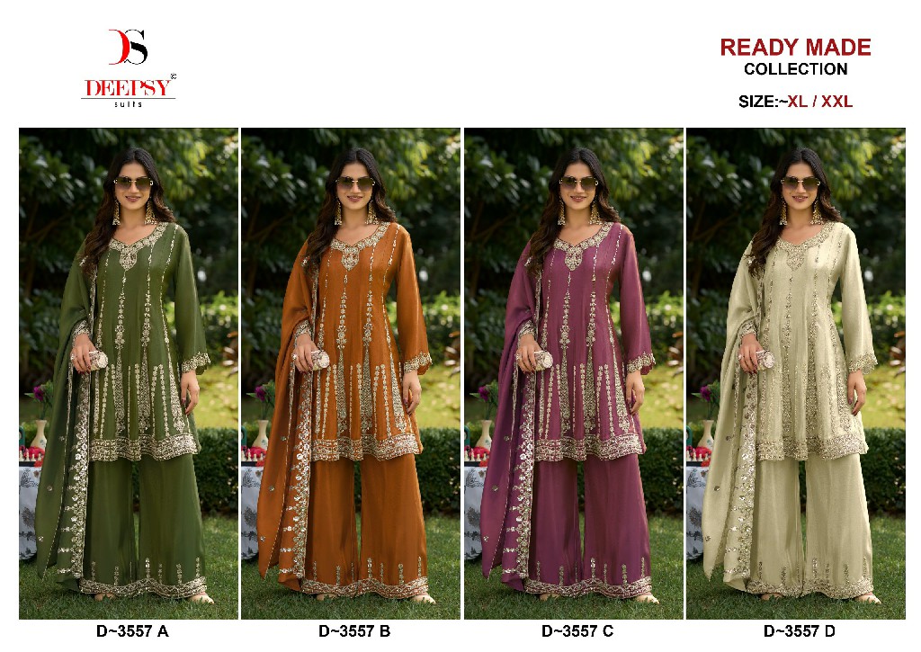 DEEPSY D.NO 3557 WHOLESALE READYMADE VISCOSE TISSUE SILK HEAVY BEATS WORK 3 PCS PLAZZO SUITS EXPORTER