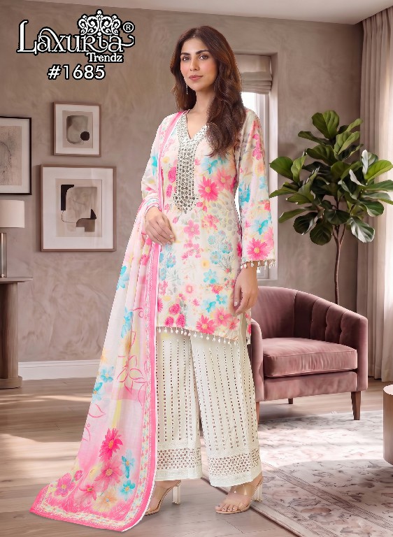 LAXURIA TRENDZ D.NO 1685 WHOLESALE READYMADE POLY COTTON CLASSIC DESIGNER 3 PCS SUITS SUPPLIER