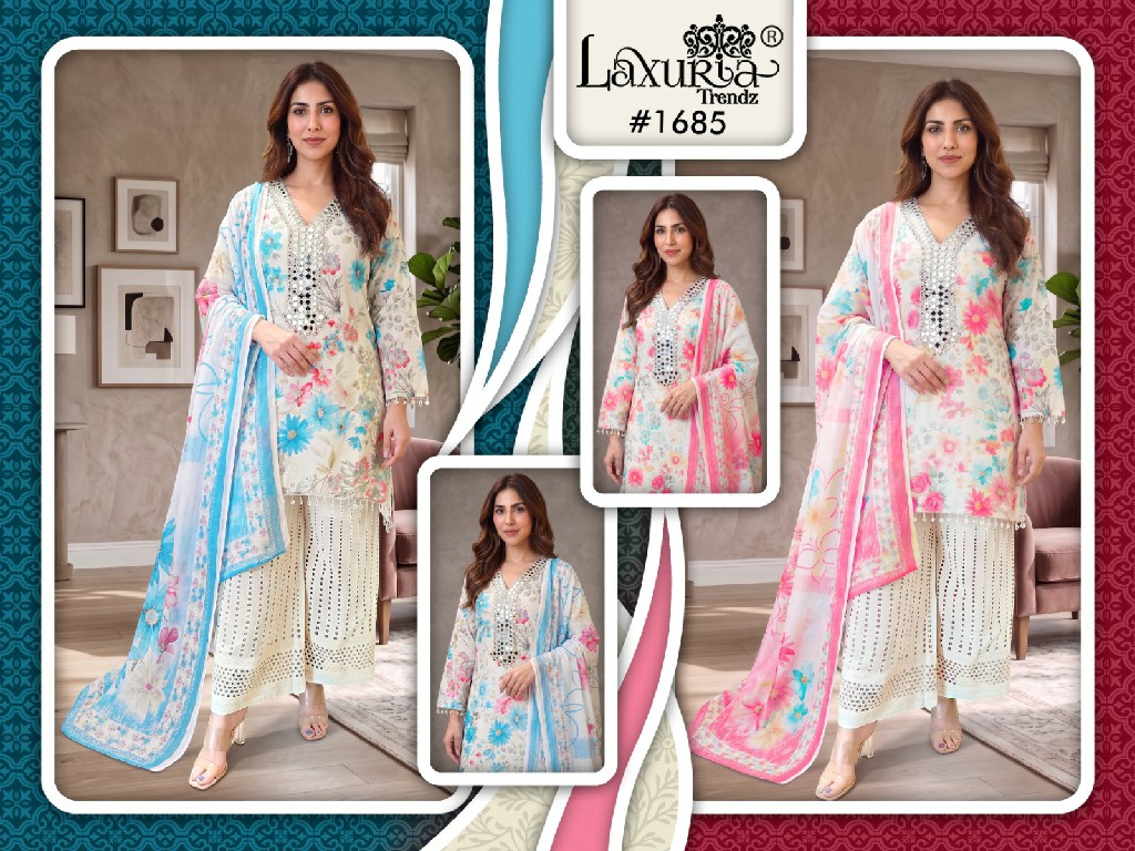 LAXURIA TRENDZ D.NO 1685 WHOLESALE READYMADE POLY COTTON CLASSIC DESIGNER 3 PCS SUITS SUPPLIER