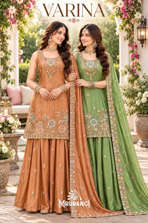 MRUDANGI VARINA WHOLESALE READYMADE REAL VISCOSE TRENDY WEDDING LOOK 3 PCS SUITS EXPORTER