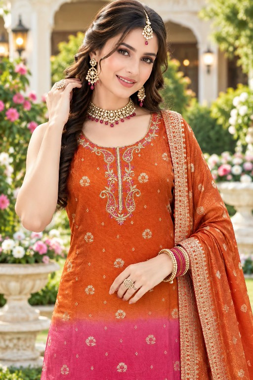 MRUDANGI CHANDRIKA WHOLESALE READYMADE REAL VISCOSE TISSUE JACQUARD SILK PARTY WEAR 3 PCS SUITS SUPPLIER