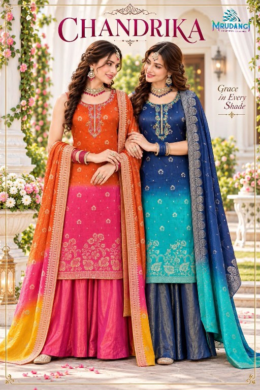 MRUDANGI CHANDRIKA WHOLESALE READYMADE REAL VISCOSE TISSUE JACQUARD SILK PARTY WEAR 3 PCS SUITS SUPPLIER
