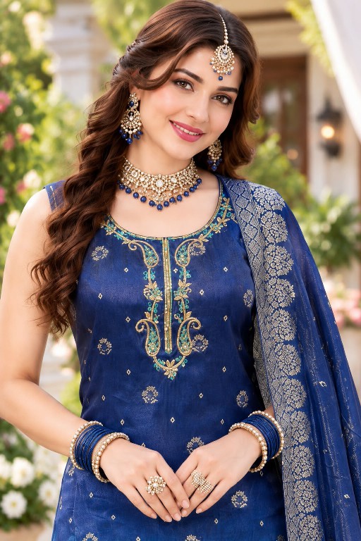 MRUDANGI CHANDRIKA WHOLESALE READYMADE REAL VISCOSE TISSUE JACQUARD SILK PARTY WEAR 3 PCS SUITS SUPPLIER