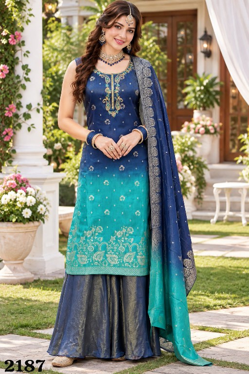 MRUDANGI CHANDRIKA WHOLESALE READYMADE REAL VISCOSE TISSUE JACQUARD SILK PARTY WEAR 3 PCS SUITS SUPPLIER