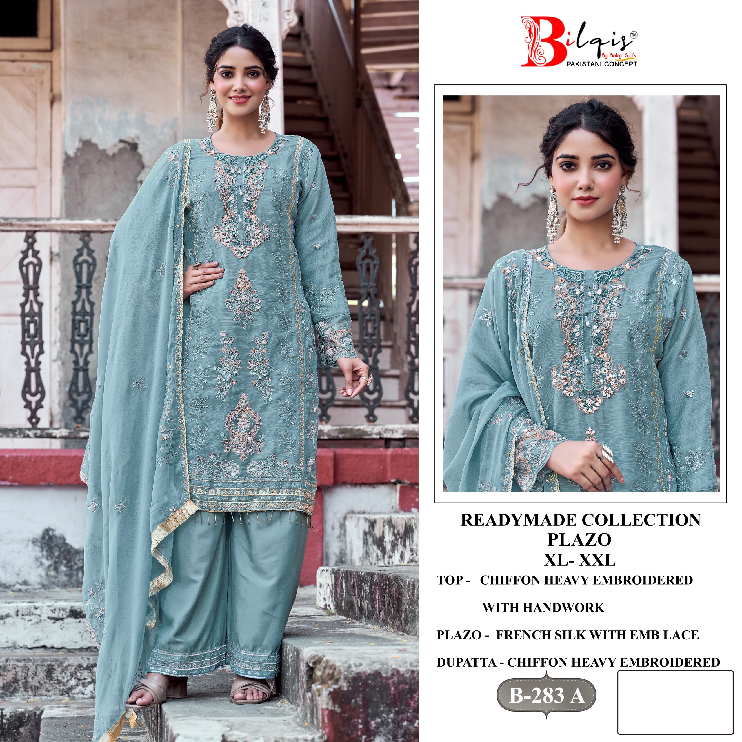 BILQIS D.NO 283 WHOLESALE READYMADE CHIFFON WITH WORK PAKISTANI 3 PCS SUITS EXPORTER