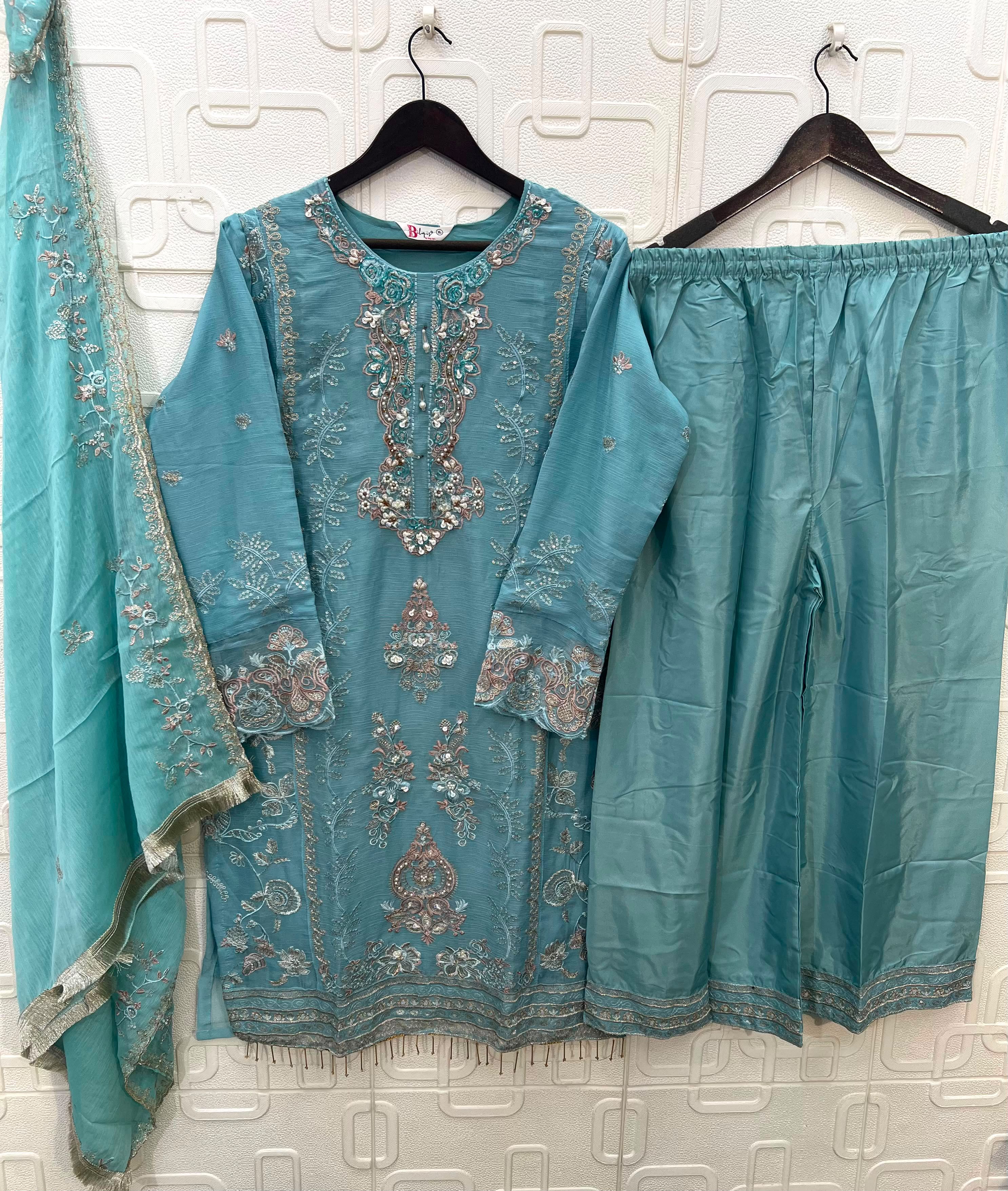 BILQIS D.NO 283 WHOLESALE READYMADE CHIFFON WITH WORK PAKISTANI 3 PCS SUITS EXPORTER