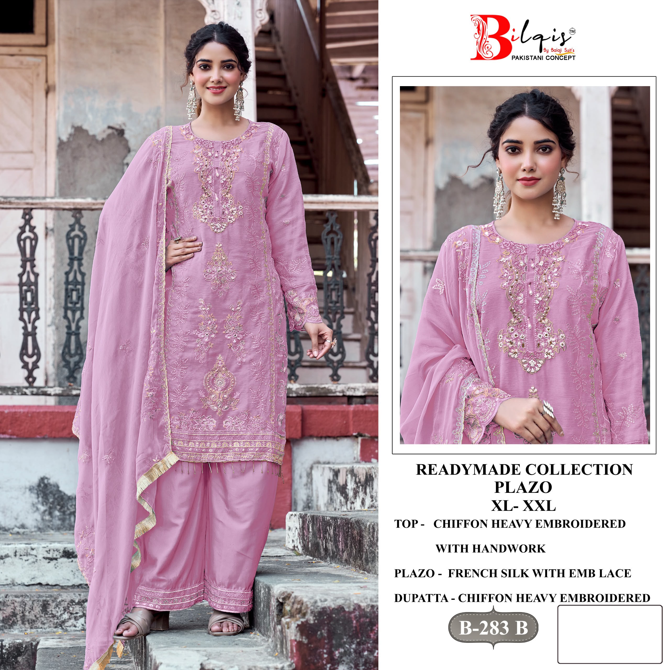 BILQIS D.NO 283 WHOLESALE READYMADE CHIFFON WITH WORK PAKISTANI 3 PCS SUITS EXPORTER